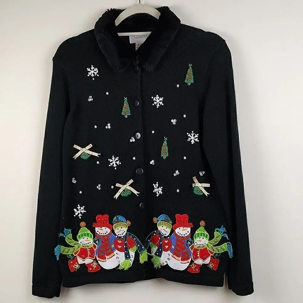 Chadwick's Black Cardigan Applique Embroidered Snowmen Christmas Sweater